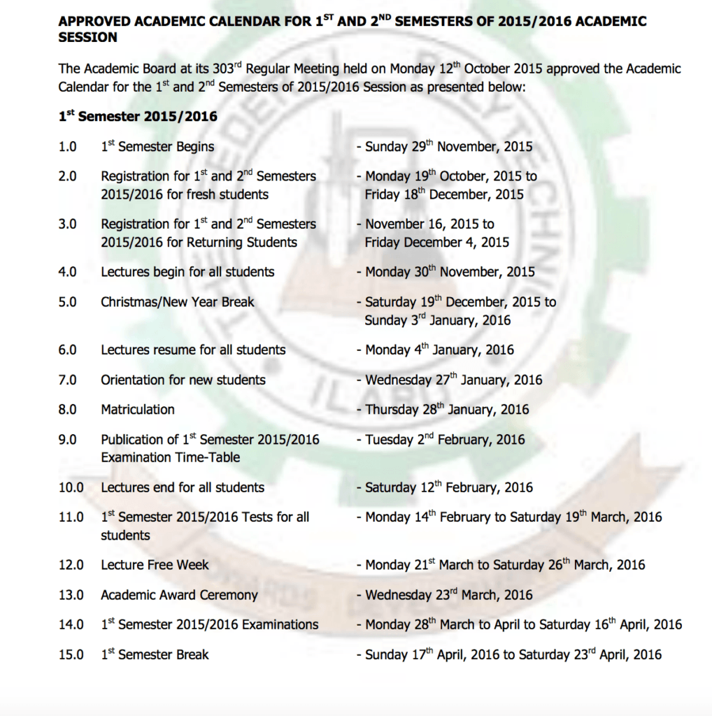 Fed Poly Ilaro Resumption Date, Academic Calendar 2015/16 ⋆ NGScholars
