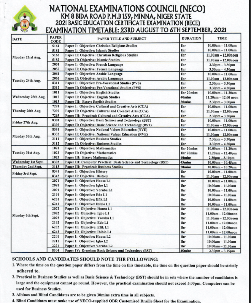 BECE Junior WAEC Timetable 2021 (JSS3) Out NGScholars